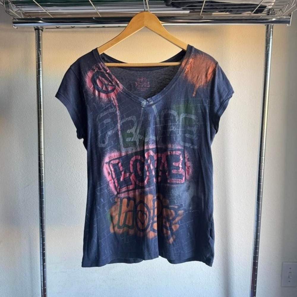 Y2K‎ Mudd Womens Peace Love Hope Navy Blue Pink and Orange Graphic Tee Shirt Top